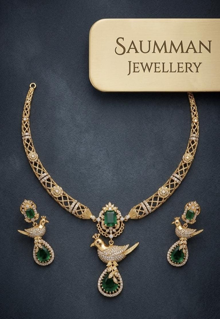 Emerald Bird Hasli Necklace Set, Gold Plated Brass Choker with Earrings