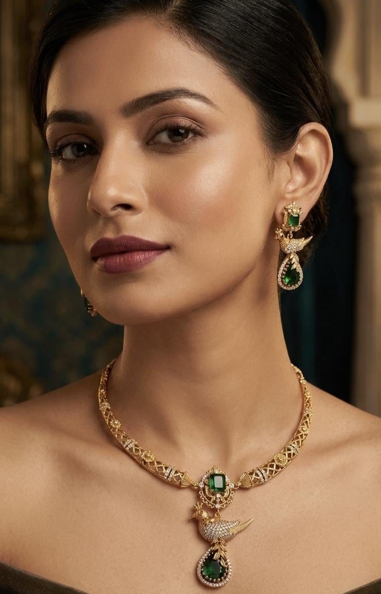 Emerald Bird Hasli Necklace Set, Gold Plated Brass Choker with Earrings