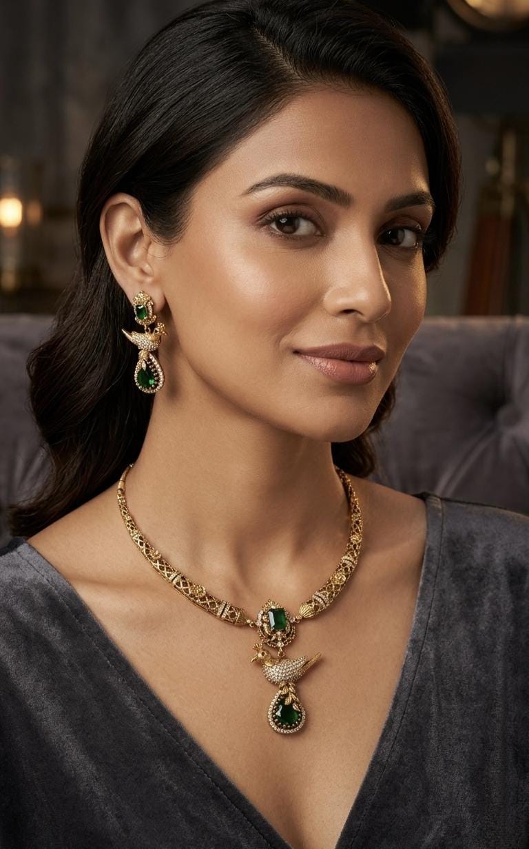 Emerald Bird Hasli Necklace Set, Gold Plated Brass Choker with Earrings