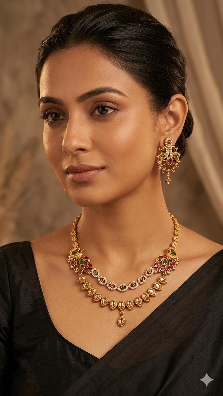 Indian Peacock Necklace Set, Gold Plated Temple Jewelry, Ruby Emerald Choker
