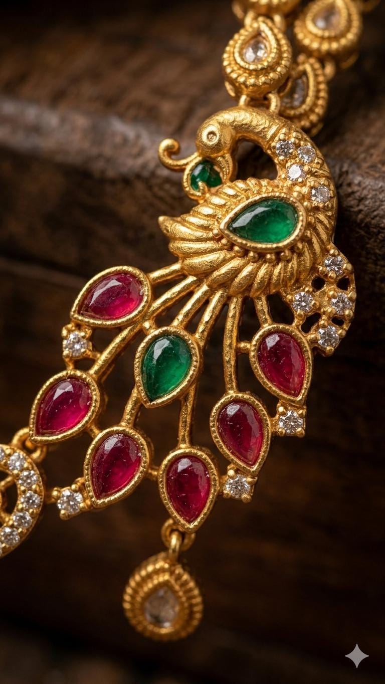 Indian Peacock Necklace Set, Gold Plated Temple Jewelry, Ruby Emerald Choker