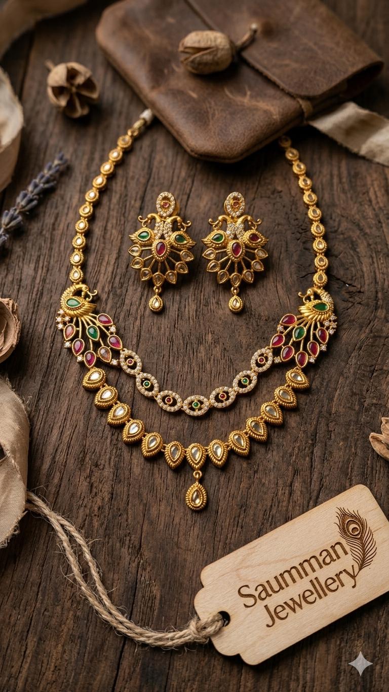 Indian Peacock Necklace Set, Gold Plated Temple Jewelry, Ruby Emerald Choker