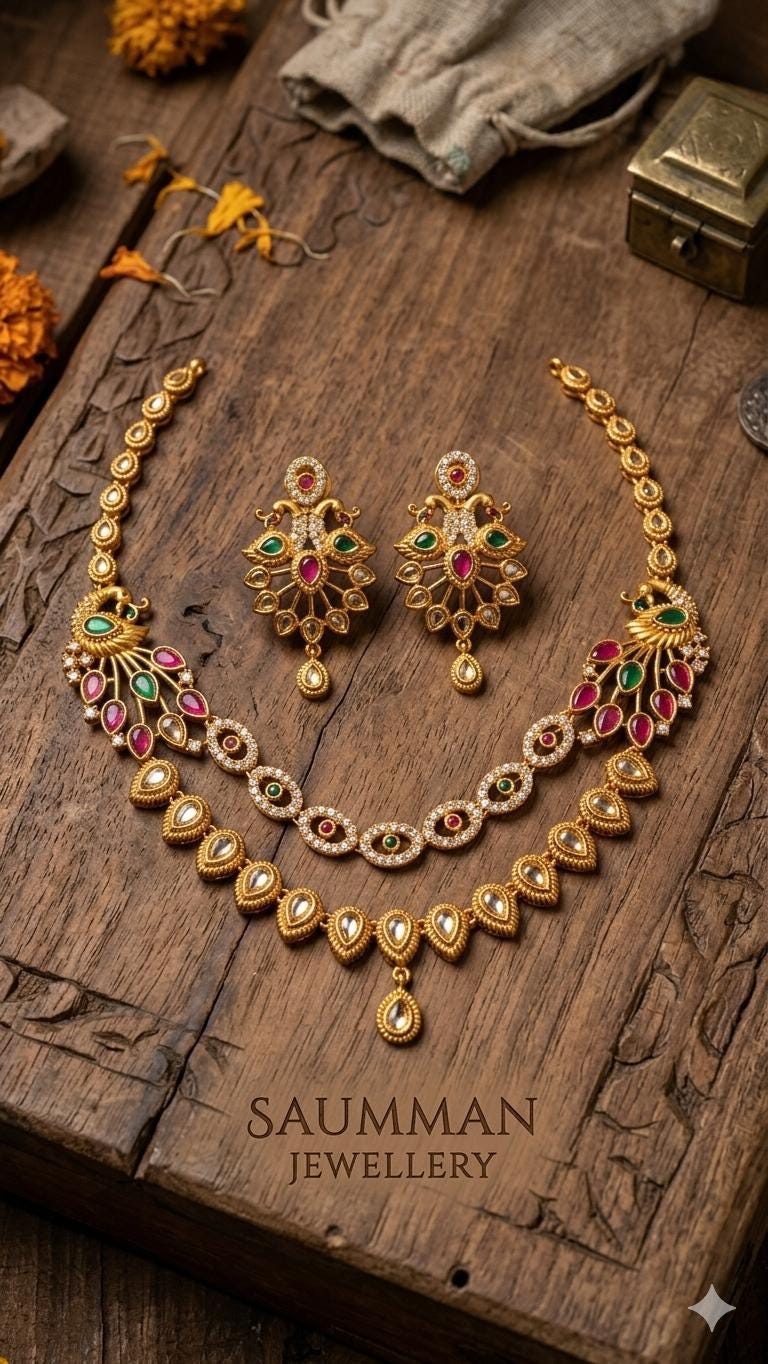 Indian Peacock Necklace Set, Gold Plated Temple Jewelry, Ruby Emerald Choker