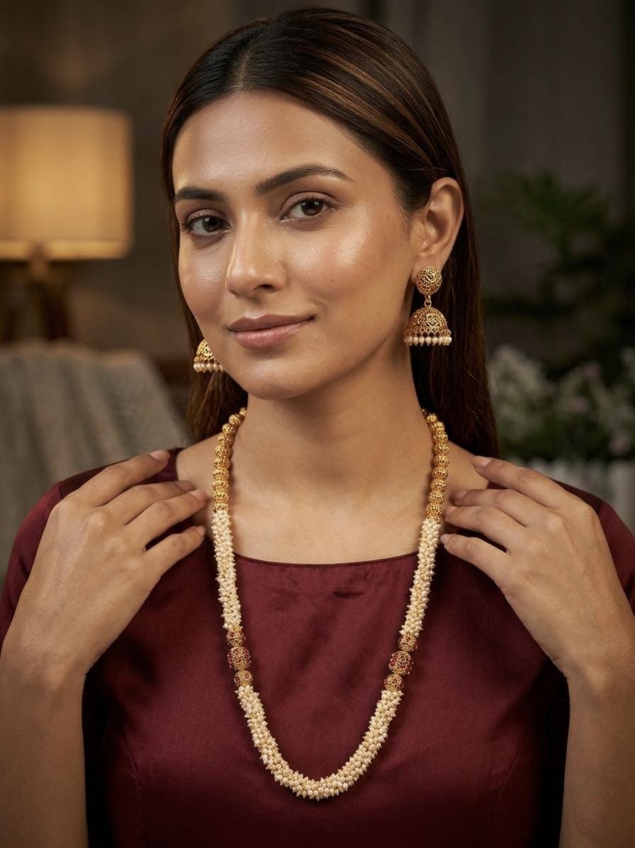 Antique Gold Jhumka Set | South Indian Pearl Mala Necklace