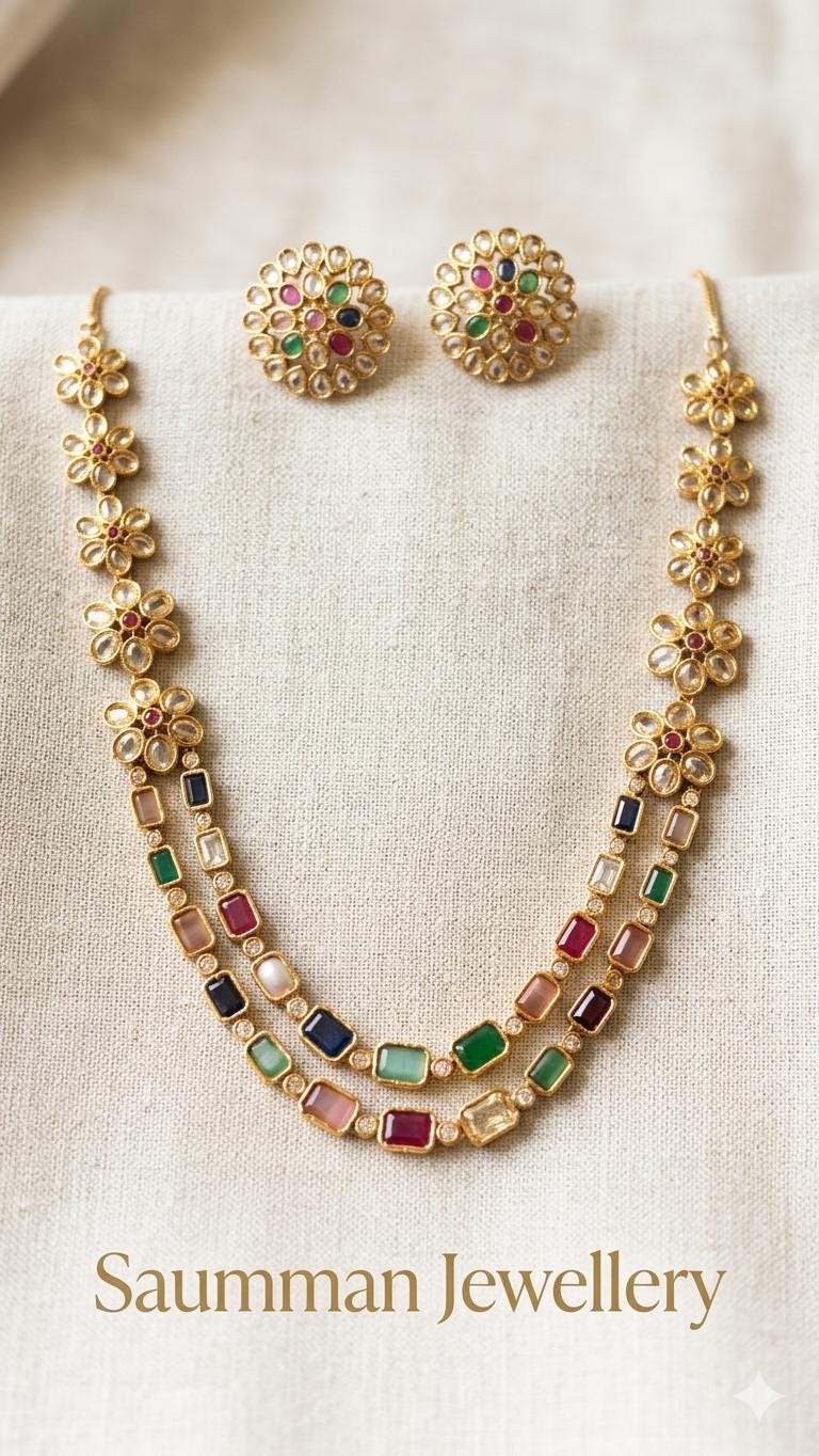 Navratna Style Layered Necklace Set with Flower Studs, Gold Plated Kundan Jewelry