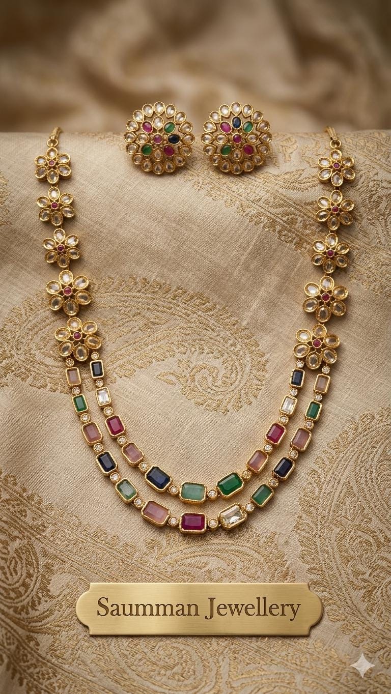 Navratna Style Layered Necklace Set with Flower Studs, Gold Plated Kundan Jewelry