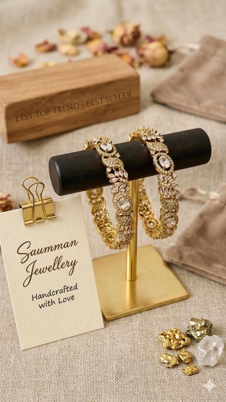 Gold Plated CZ Stone Bangles, Handmade Indian Wedding Bridal Jewelry