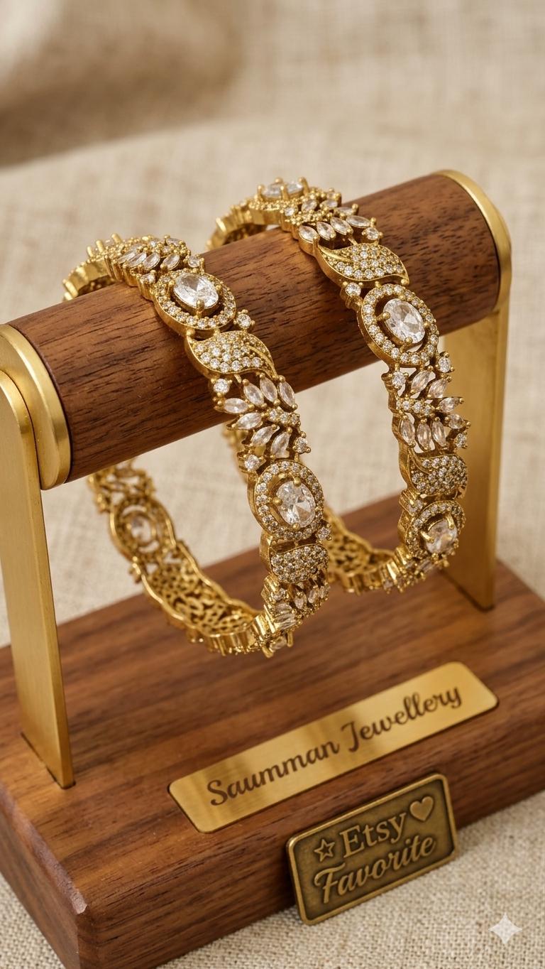 Gold Plated CZ Stone Bangles, Handmade Indian Wedding Bridal Jewelry