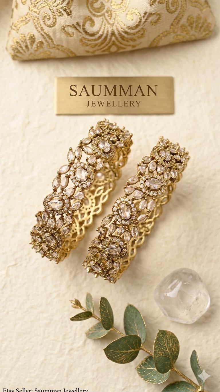 Antique Gold Floral Cluster Bangles, Indian Polki Wedding Kada Set