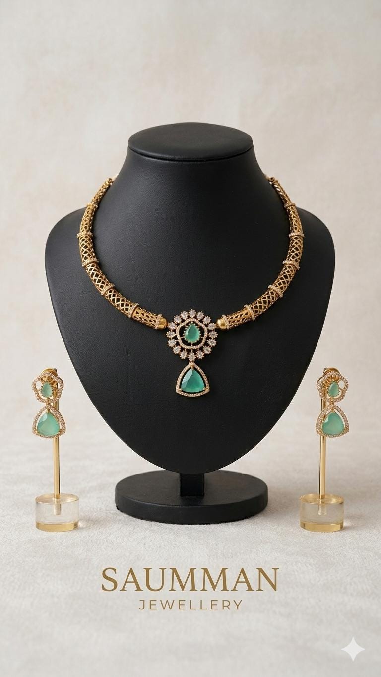 Gold Plated Hasli Necklace Set, Emerald Green Stones, Traditional Indian Choker Jewelry
