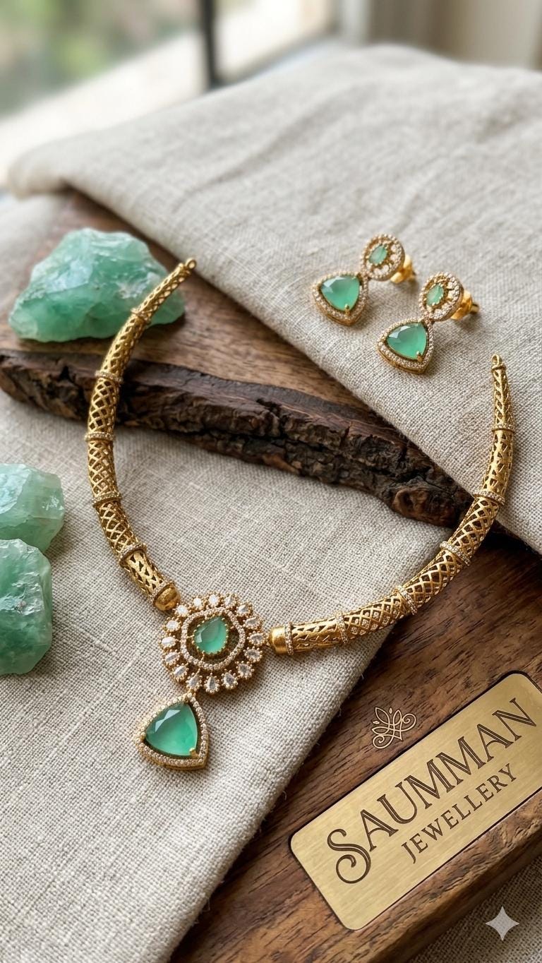 Gold Plated Hasli Necklace Set, Emerald Green Stones, Traditional Indian Choker Jewelry