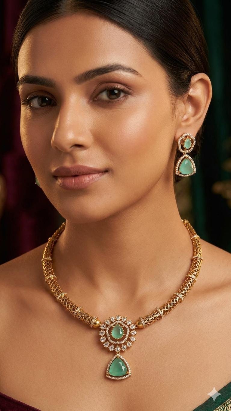 Gold Plated Hasli Necklace Set, Emerald Green Stones, Traditional Indian Choker Jewelry
