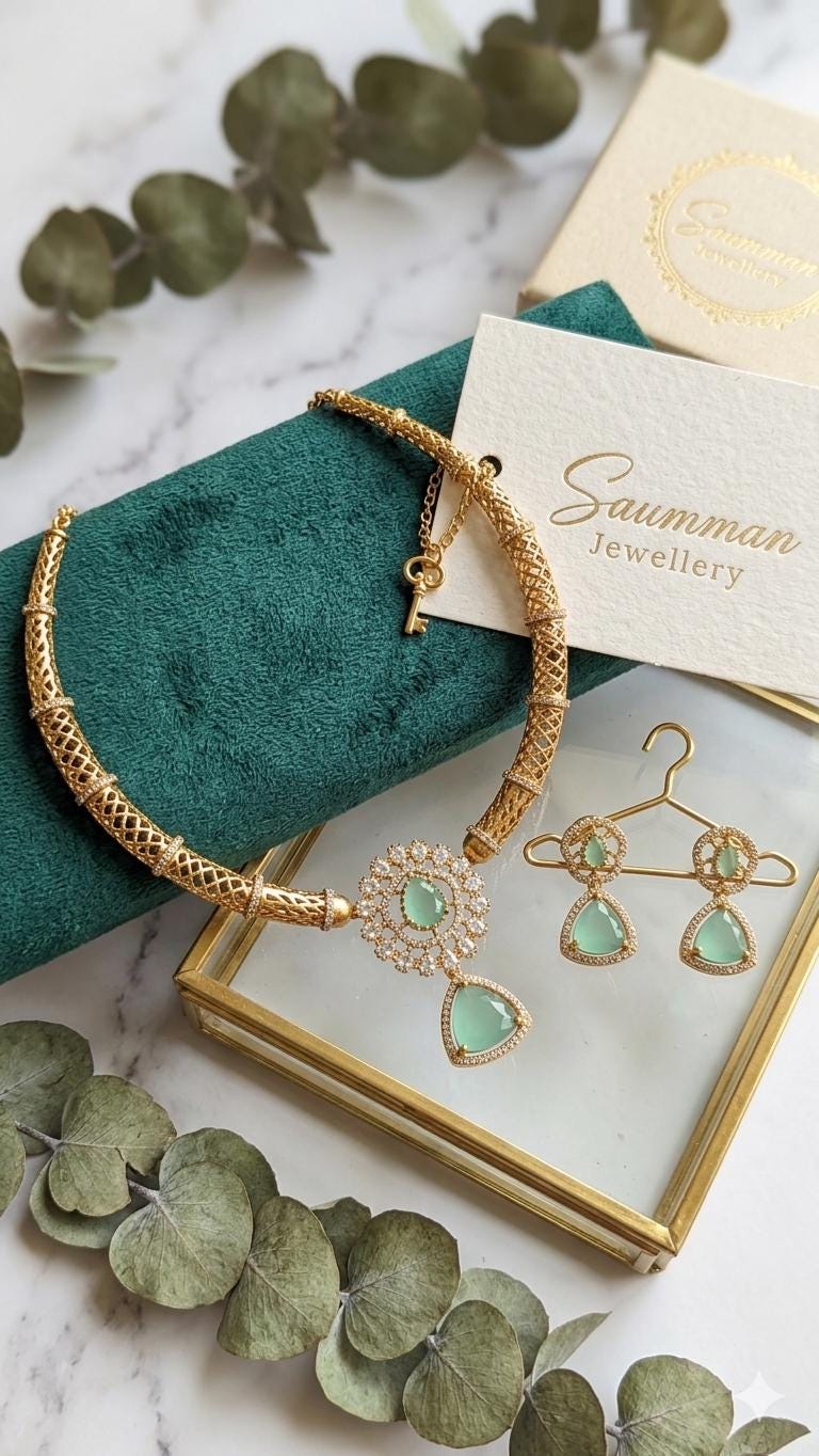 Gold Plated Hasli Necklace Set, Emerald Green Stones, Traditional Indian Choker Jewelry