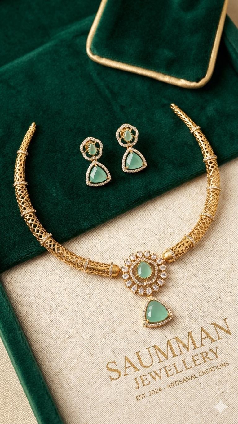 Gold Plated Hasli Necklace Set, Emerald Green Stones, Traditional Indian Choker Jewelry