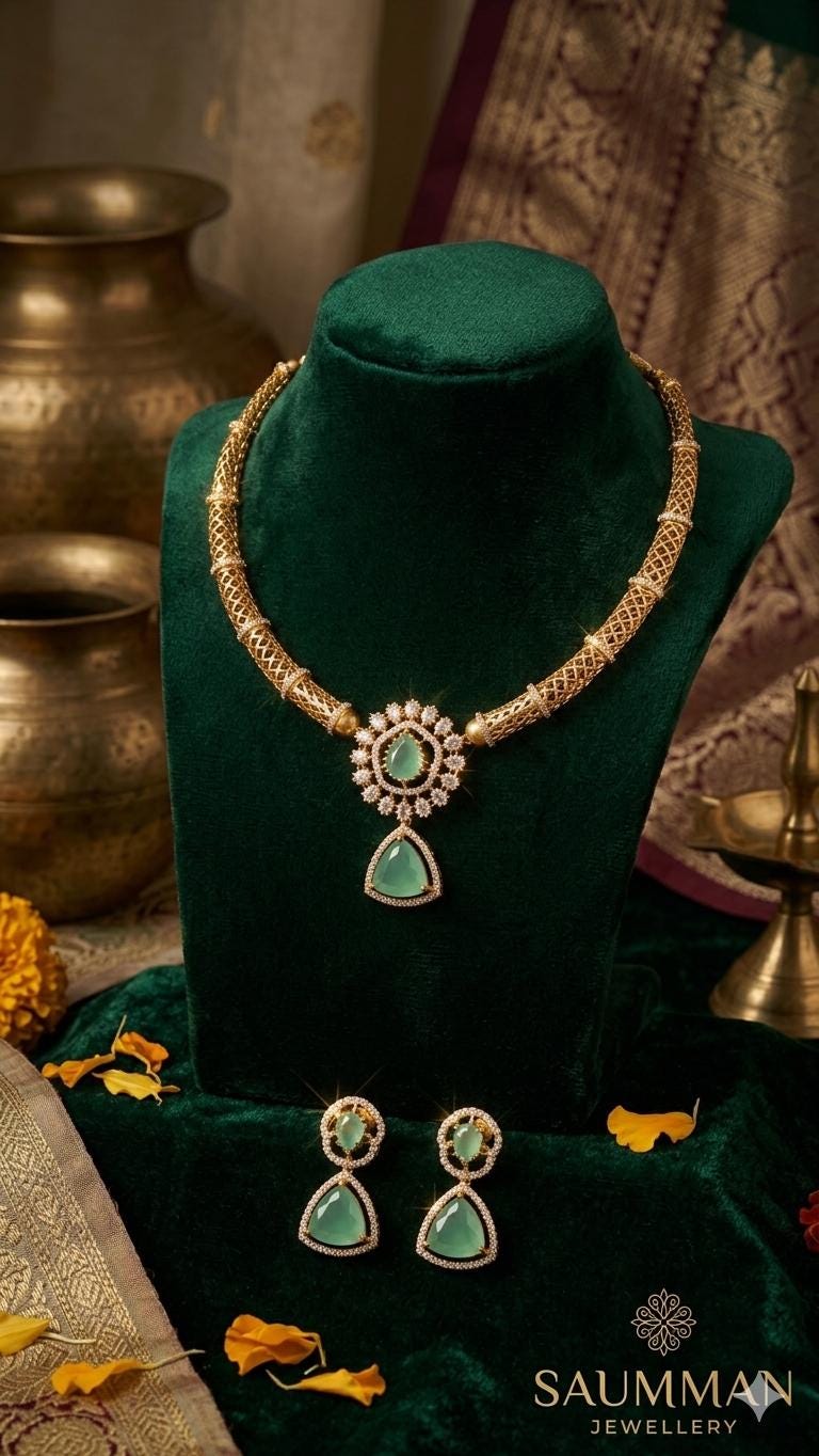 Gold Plated Hasli Necklace Set, Emerald Green Stones, Traditional Indian Choker Jewelry