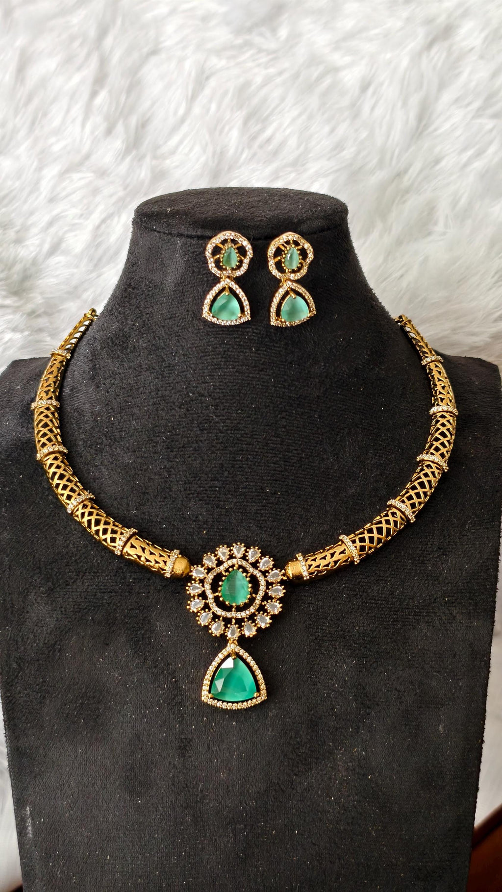 Gold Plated Hasli Necklace Set, Emerald Green Stones, Traditional Indian Choker Jewelry