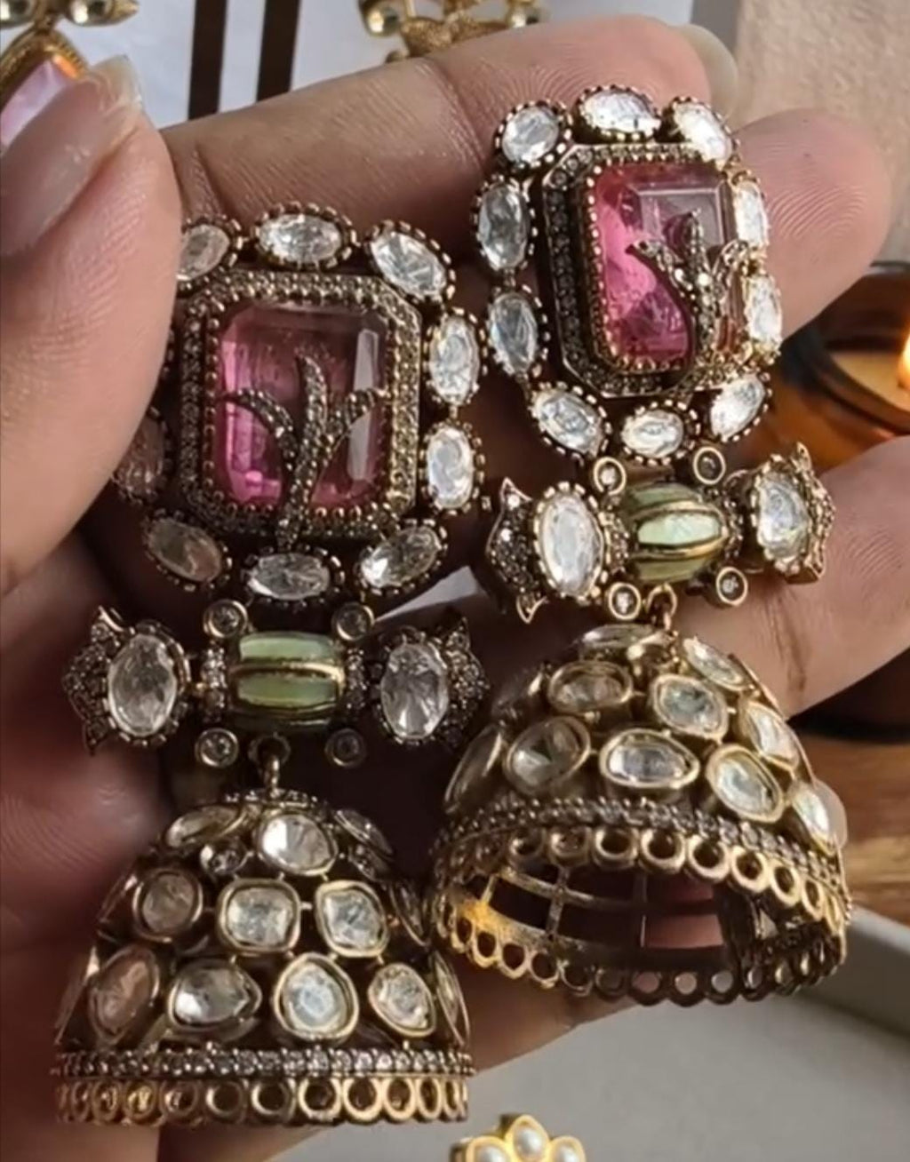 Moissanite Polki Jhumkas, Pink Emerald Stone Earrings, Kundan Meenakari Jewelry