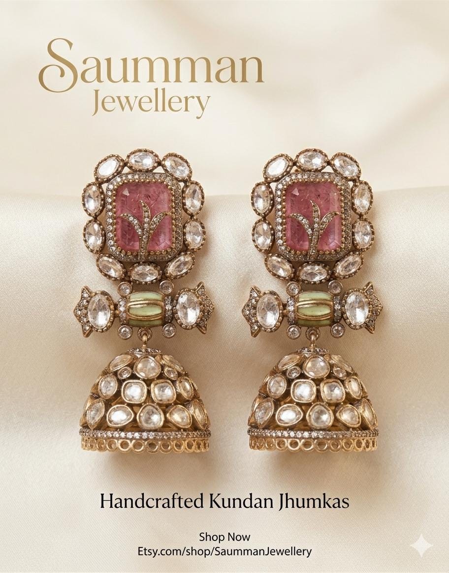 Moissanite Polki Jhumkas, Pink Emerald Stone Earrings, Kundan Meenakari Jewelry