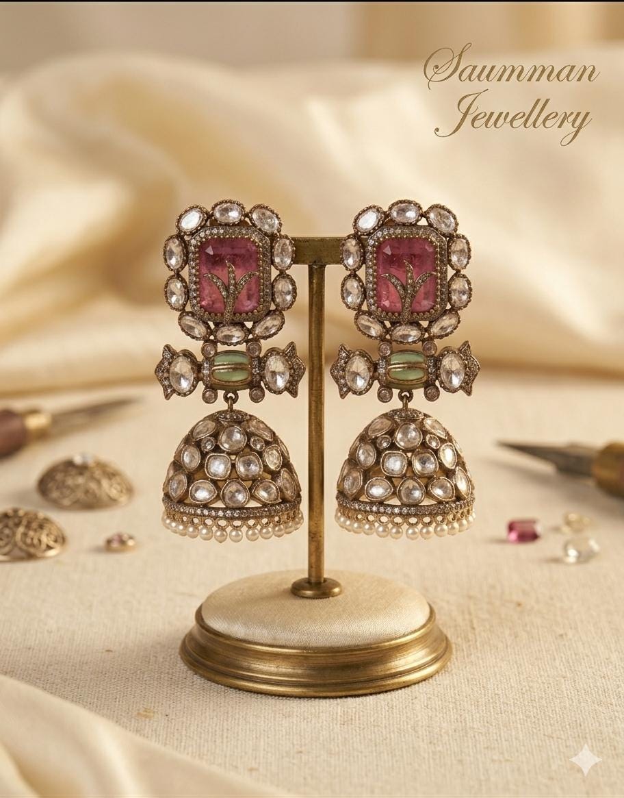 Moissanite Polki Jhumkas, Pink Emerald Stone Earrings, Kundan Meenakari Jewelry