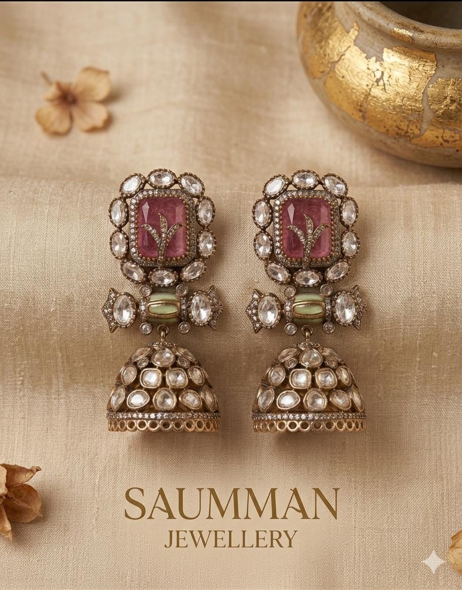 Moissanite Polki Jhumkas, Pink Emerald Stone Earrings, Kundan Meenakari Jewelry