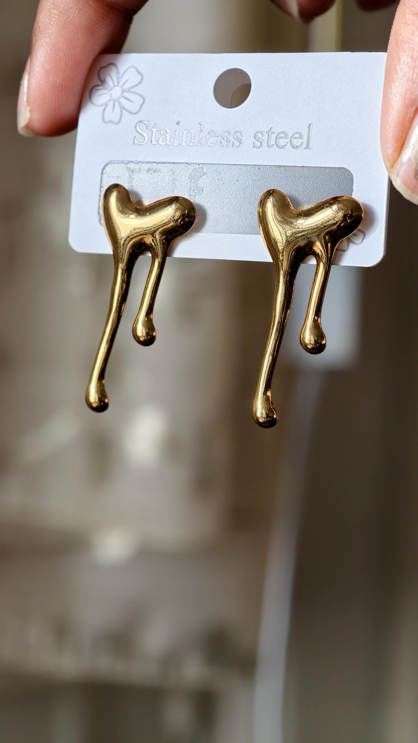 Melting Heart Stud Earrings  Gold Drip Liquid Metal  Stainless Steel Jewelry (Waterproof)