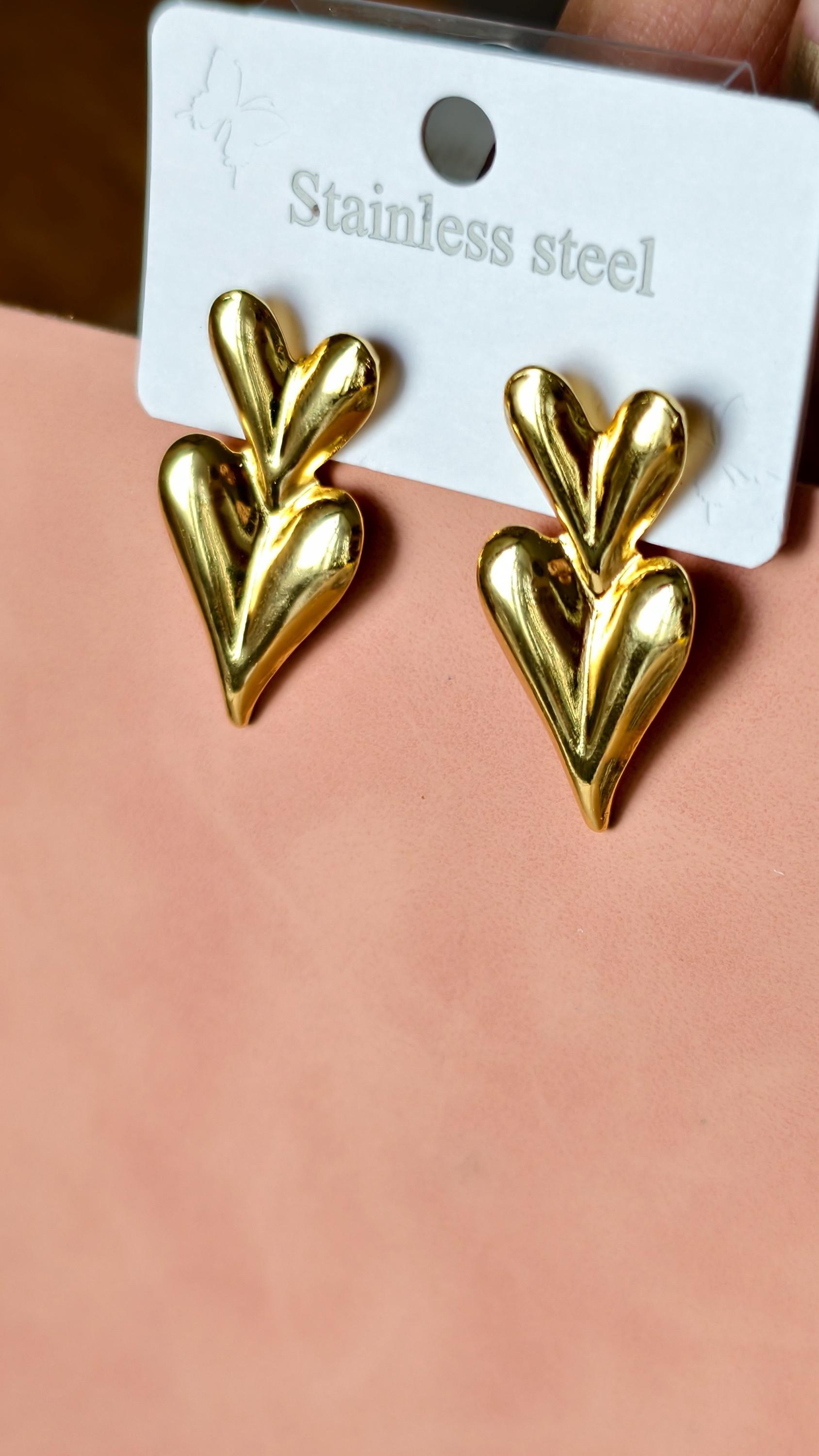 Gold Double Heart Dangle Earrings, Stainless Steel, Waterproof, Minimalist Daily Wear