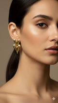 Gold Double Heart Dangle Earrings, Stainless Steel, Waterproof, Minimalist Daily Wear