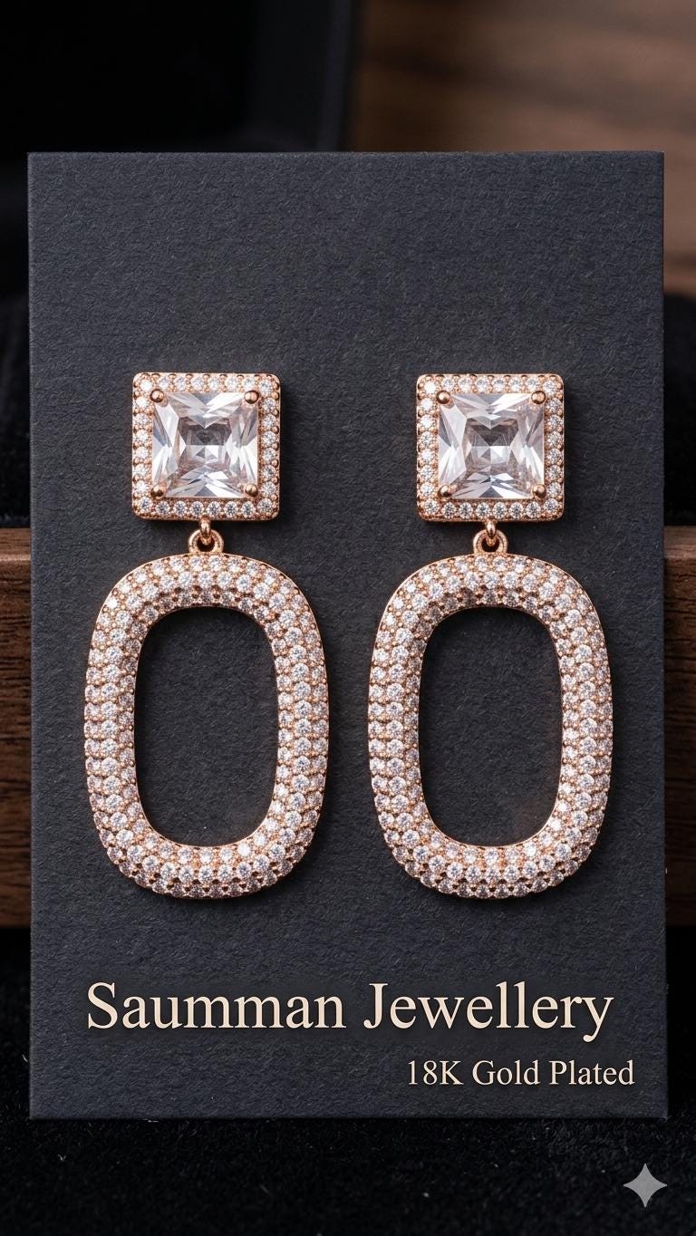 18k Gold Plated Oval Drop Earrings, Pavé Crystal Dangle, Square Zirconia Bridal Jewelry