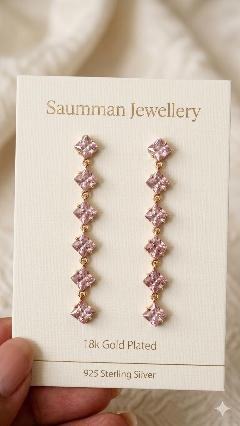 18k Gold Plated Pink Crystal Drop Earrings, Princess Cut Dangle, Bridal Party Screw Back