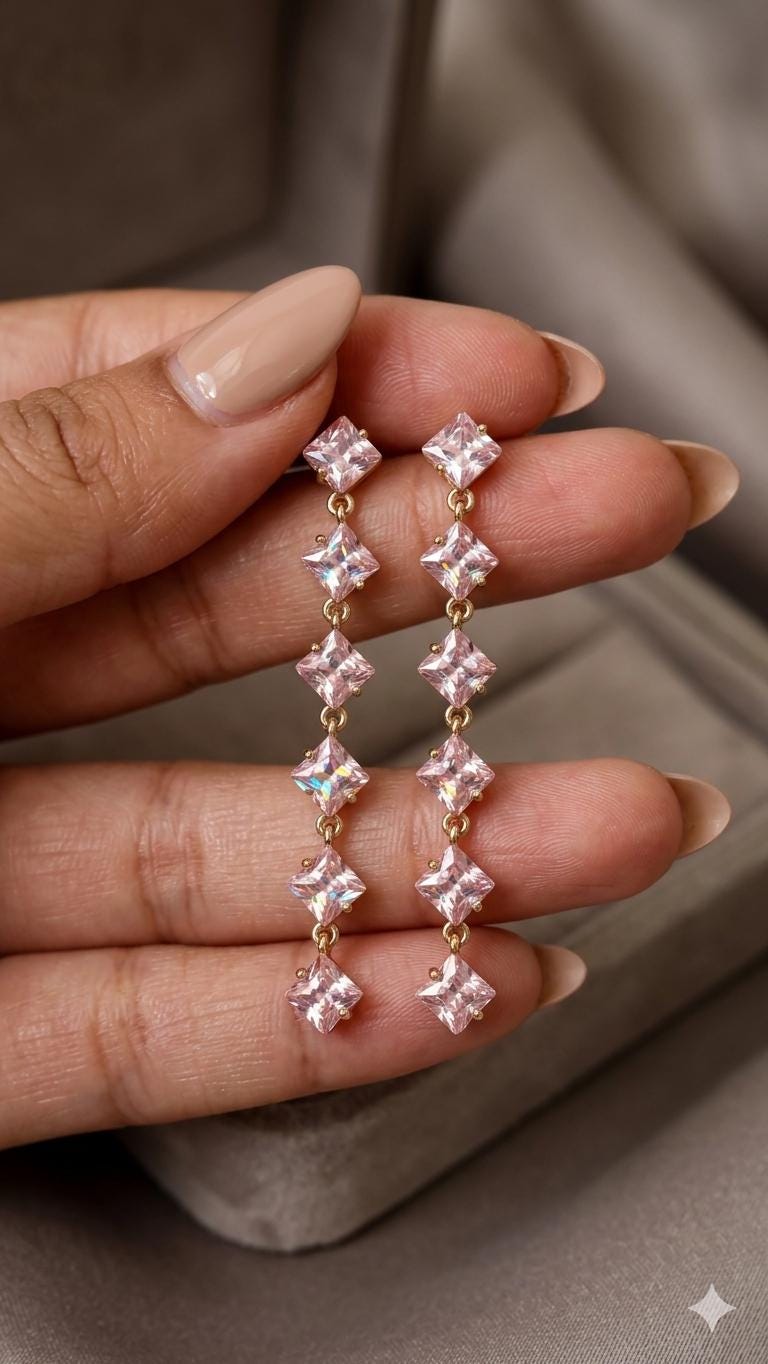 18k Gold Plated Pink Crystal Drop Earrings, Princess Cut Dangle, Bridal Party Screw Back