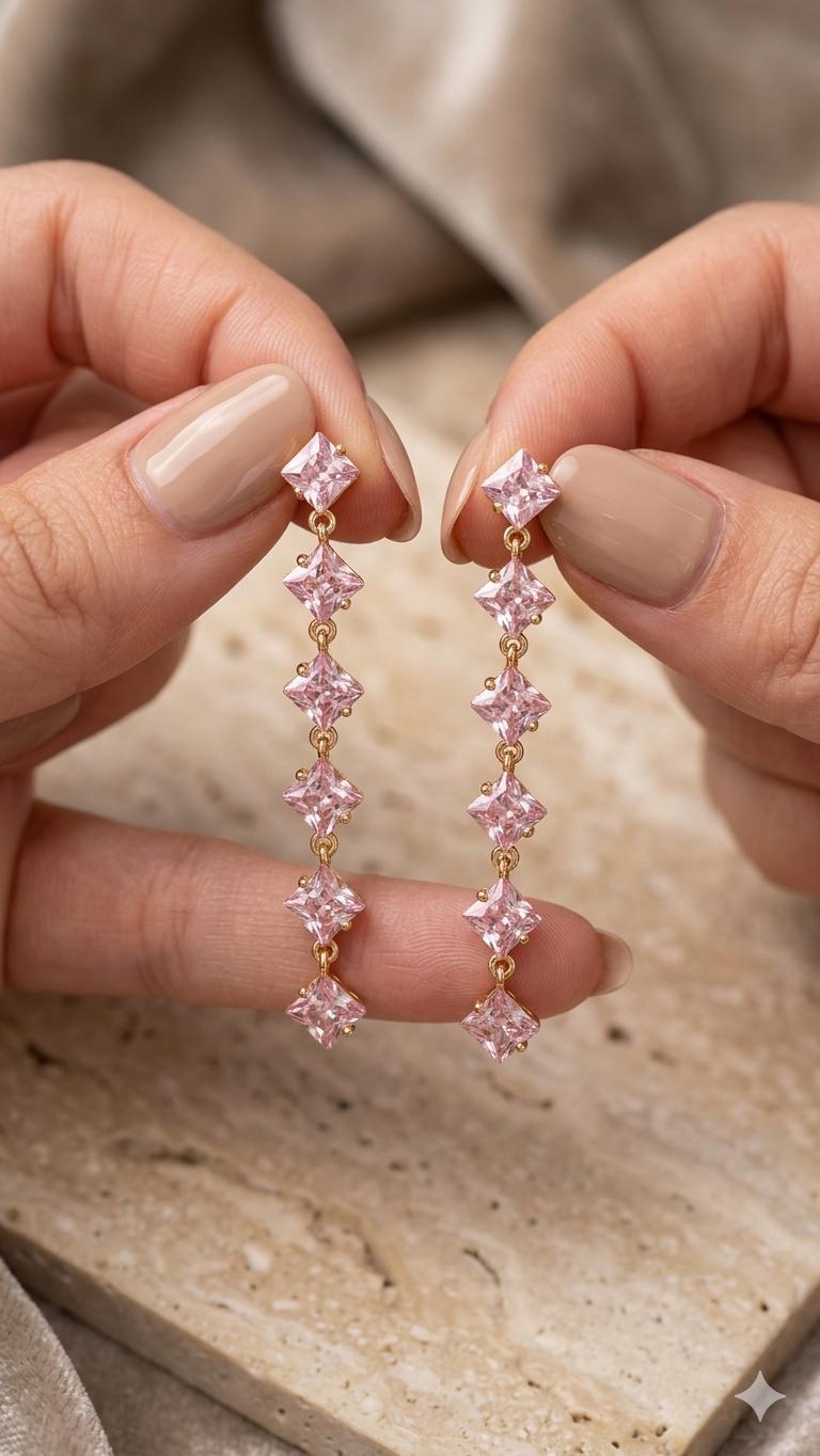 18k Gold Plated Pink Crystal Drop Earrings, Princess Cut Dangle, Bridal Party Screw Back