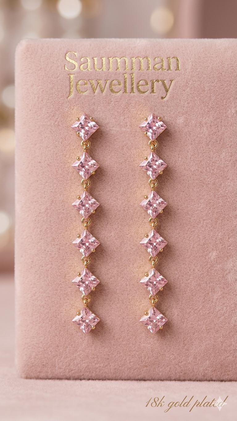 18k Gold Plated Pink Crystal Drop Earrings, Princess Cut Dangle, Bridal Party Screw Back