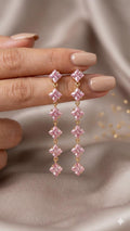 18k Gold Plated Pink Crystal Drop Earrings, Princess Cut Dangle, Bridal Party Screw Back