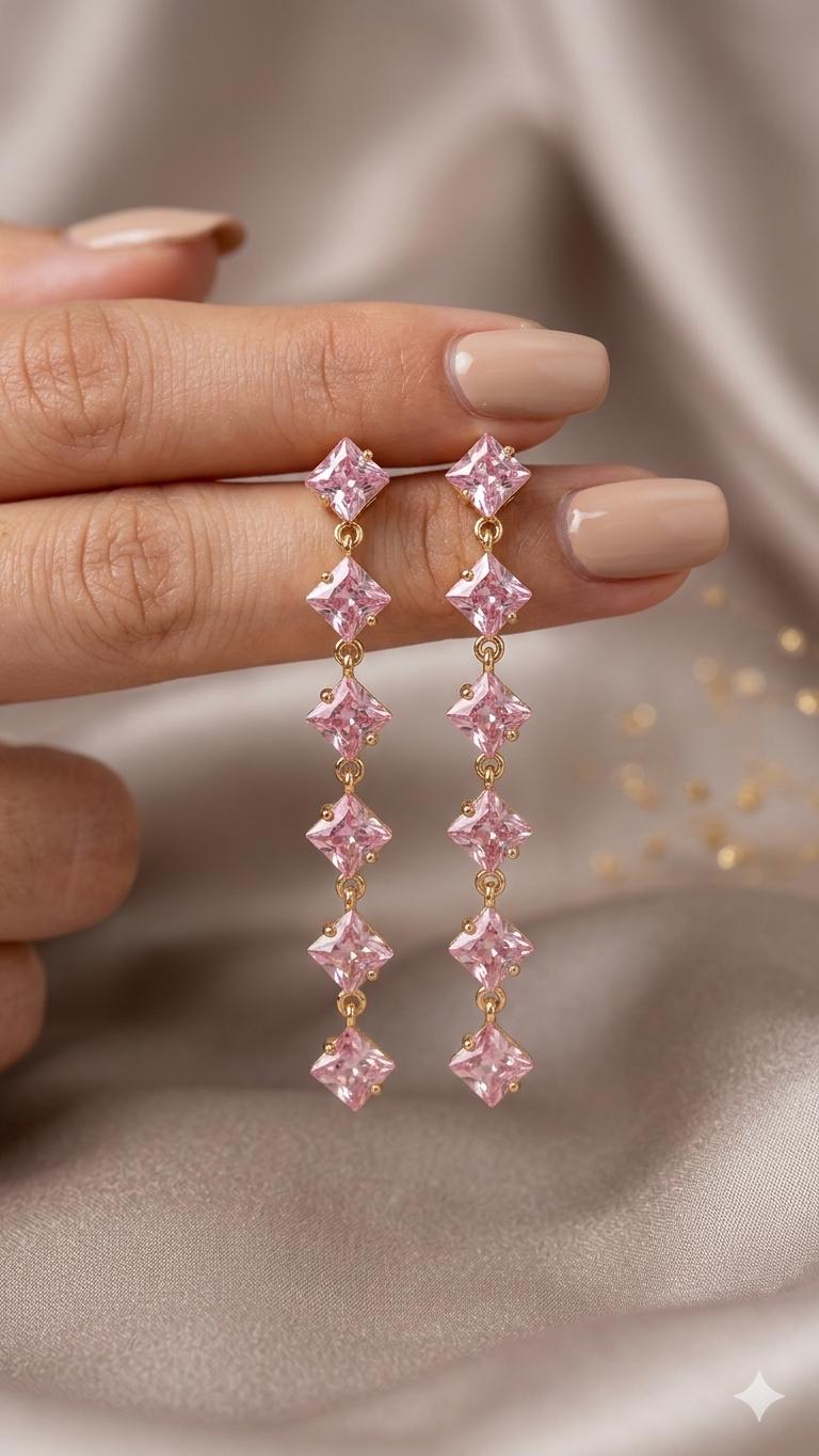 18k Gold Plated Pink Crystal Drop Earrings, Princess Cut Dangle, Bridal Party Screw Back
