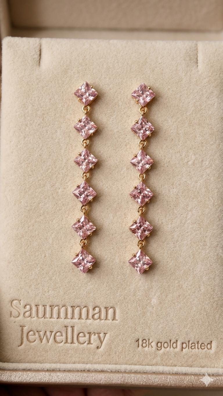 18k Gold Plated Pink Crystal Drop Earrings, Princess Cut Dangle, Bridal Party Screw Back