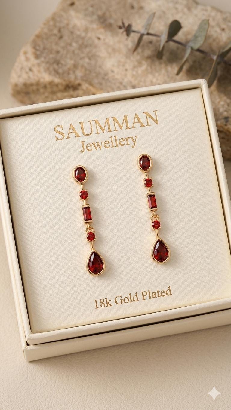 18K Gold Plated Maroon Drop Earrings, Minimalist Geometric Dangle, Secure Screw Back