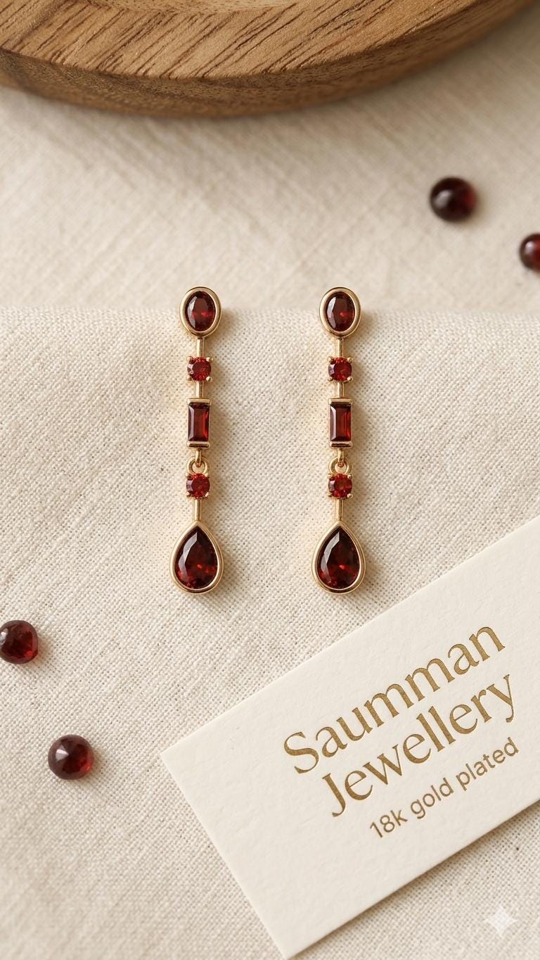 18K Gold Plated Maroon Drop Earrings, Minimalist Geometric Dangle, Secure Screw Back