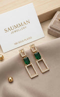 Emerald Green Rectangle Drop Earrings, 18K Gold Plated Geometric Dangle Jewelry