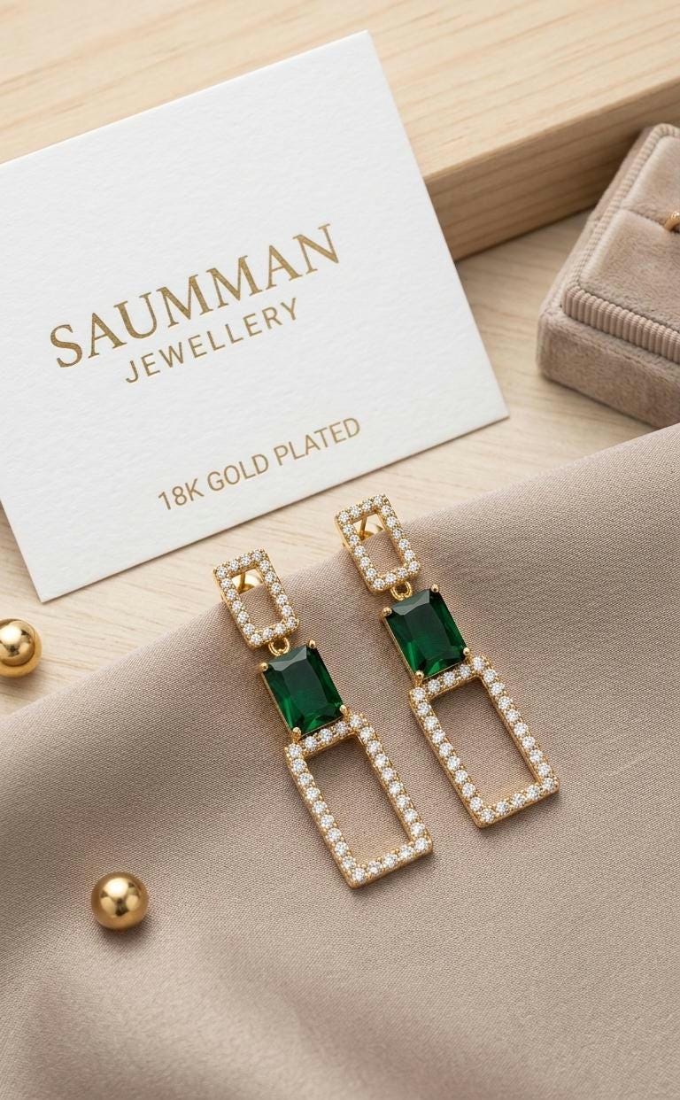 Emerald Green Rectangle Drop Earrings, 18K Gold Plated Geometric Dangle Jewelry