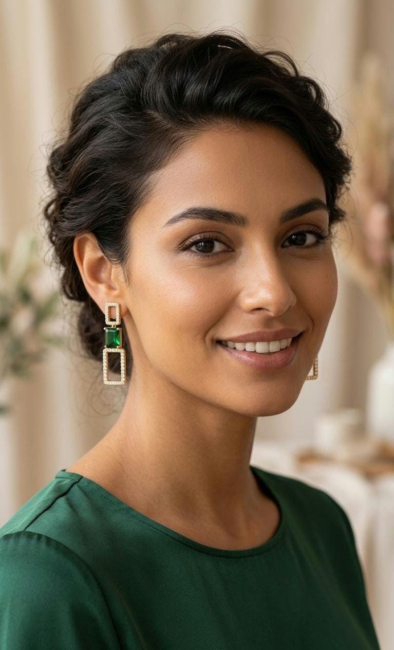 Emerald Green Rectangle Drop Earrings, 18K Gold Plated Geometric Dangle Jewelry