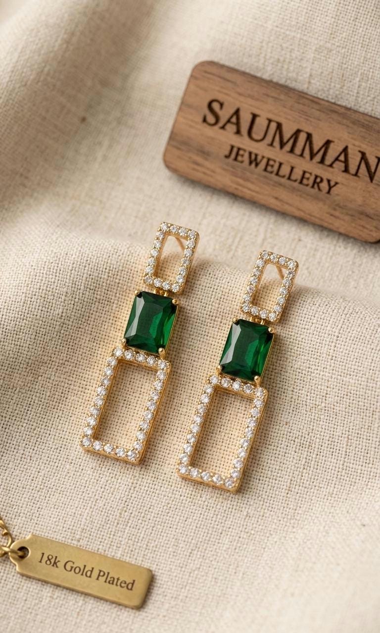 Emerald Green Rectangle Drop Earrings, 18K Gold Plated Geometric Dangle Jewelry