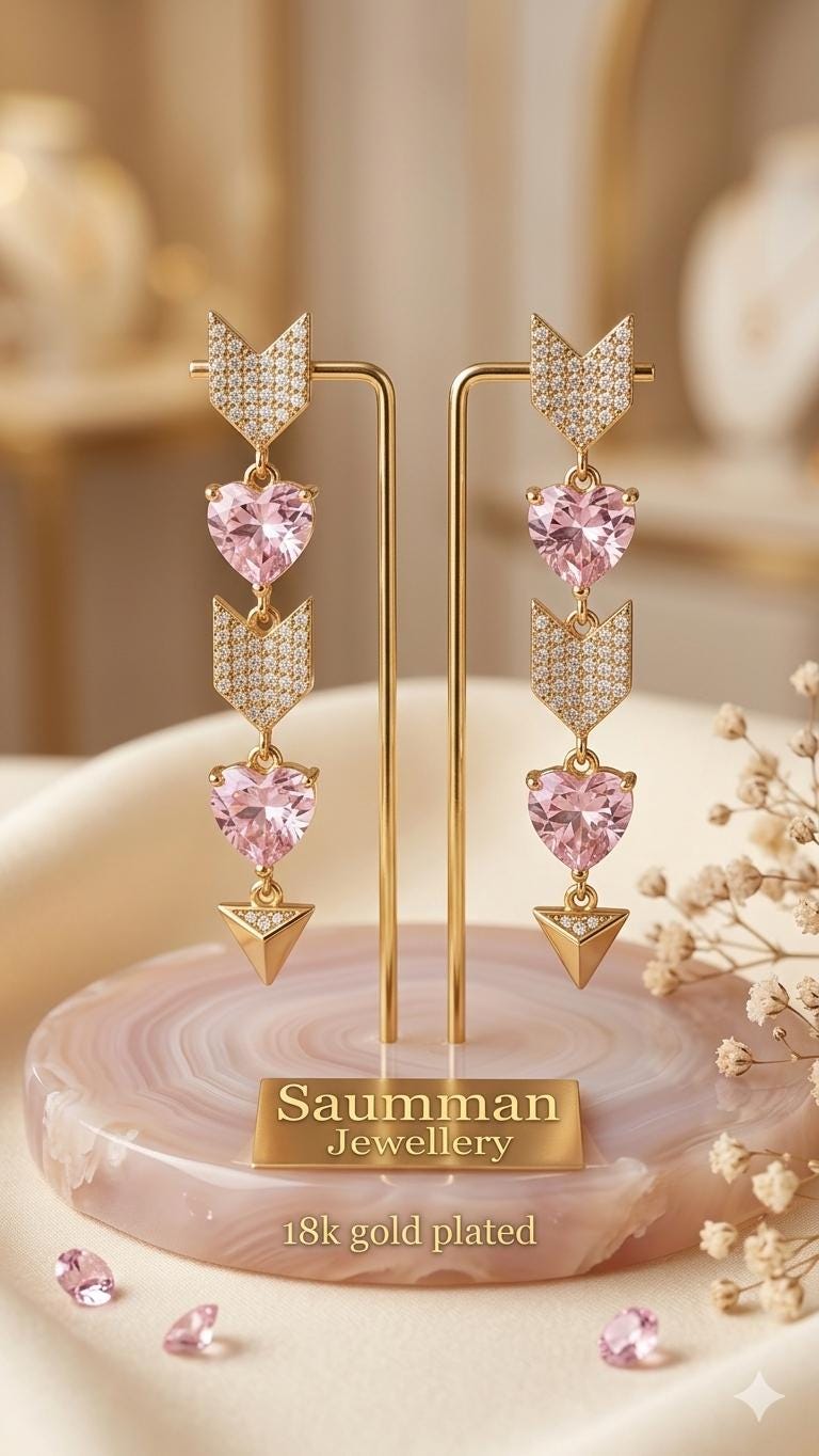 18k Gold Plated Heart Arrow Drop Earrings, Pink Zirconia Dangle Jewel