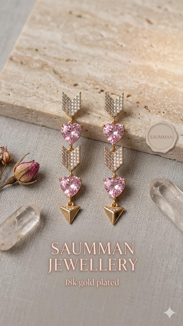 18k Gold Plated Heart Arrow Drop Earrings, Pink Zirconia Dangle Jewel