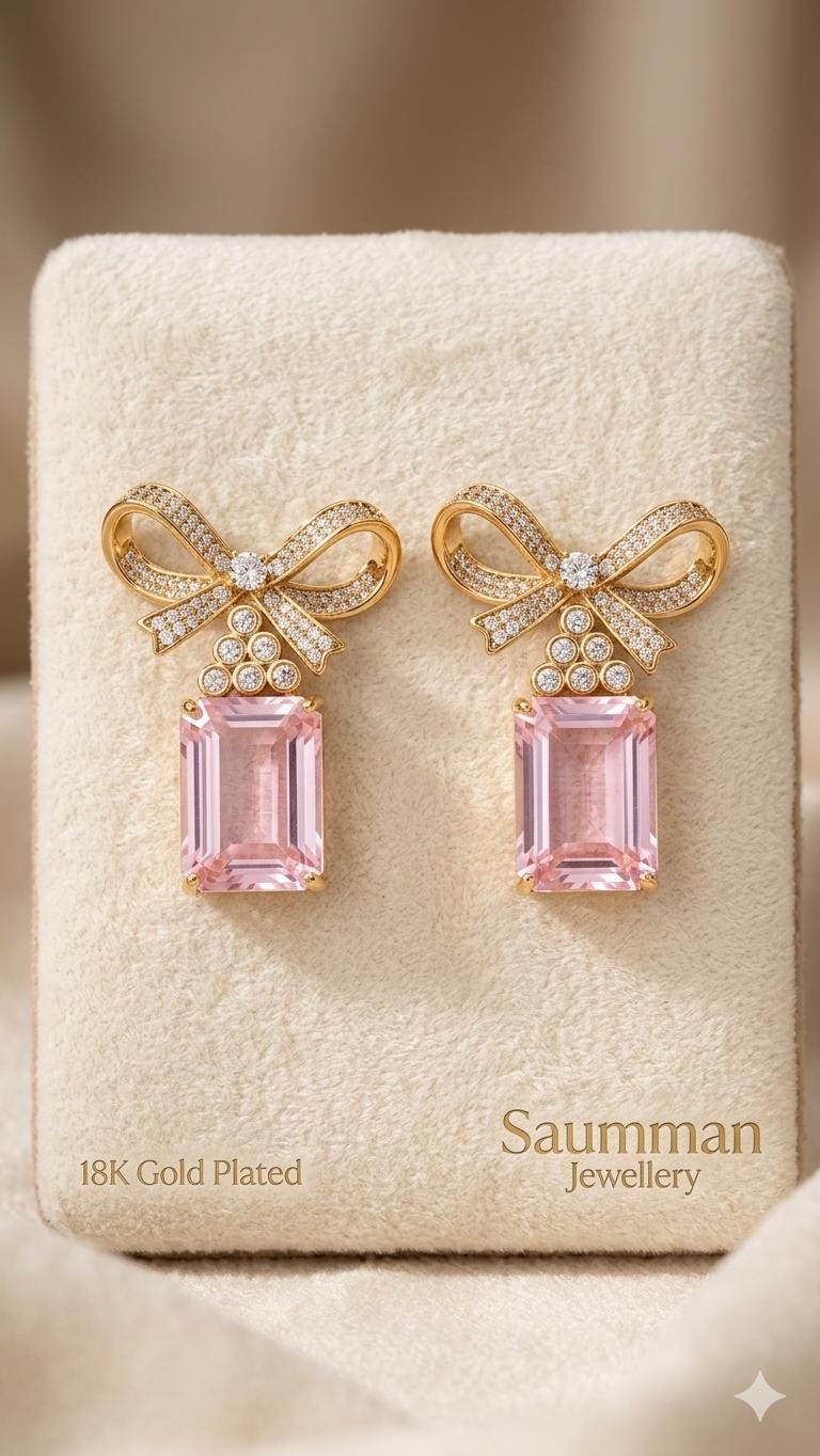 18k Gold Plated Pink Bow Earrings, Emerald Cut Drop, Coquette Style, Screw Back