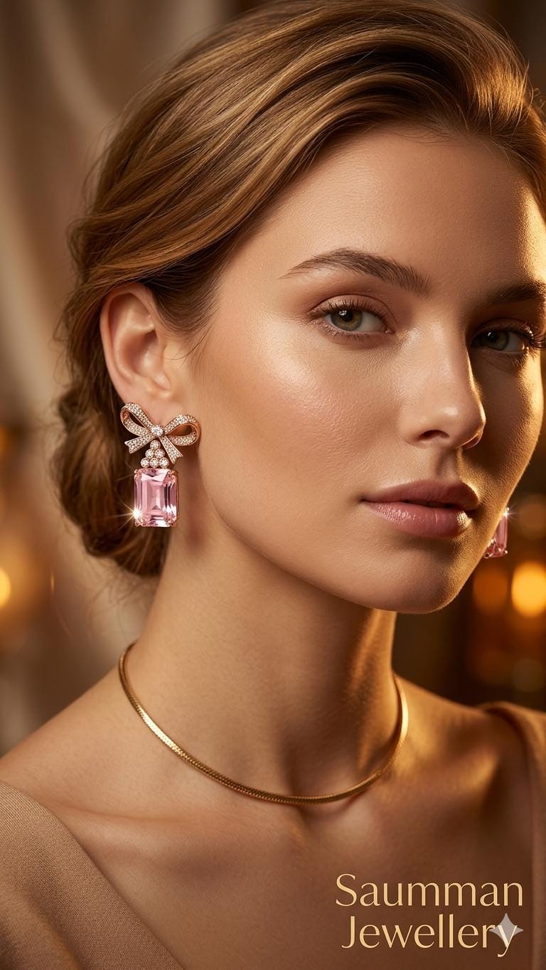 18k Gold Plated Pink Bow Earrings, Emerald Cut Drop, Coquette Style, Screw Back