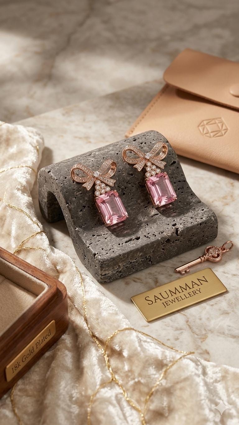 18k Gold Plated Pink Bow Earrings, Emerald Cut Drop, Coquette Style, Screw Back