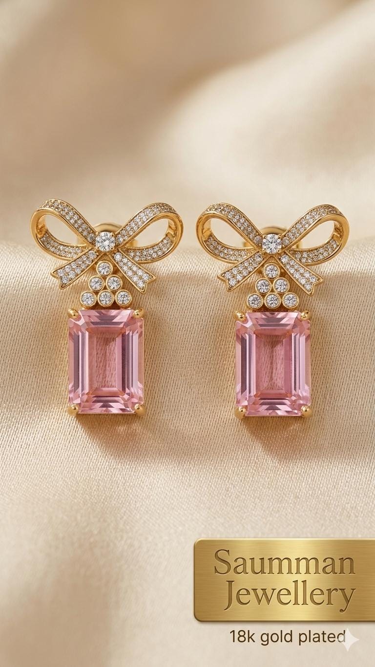 18k Gold Plated Pink Bow Earrings, Emerald Cut Drop, Coquette Style, Screw Back