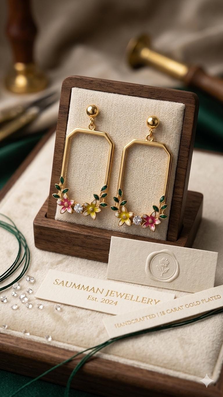 18K Gold Plated Botanical Enamel Drop Earrings, Geometric Floral Rectangle Hoops