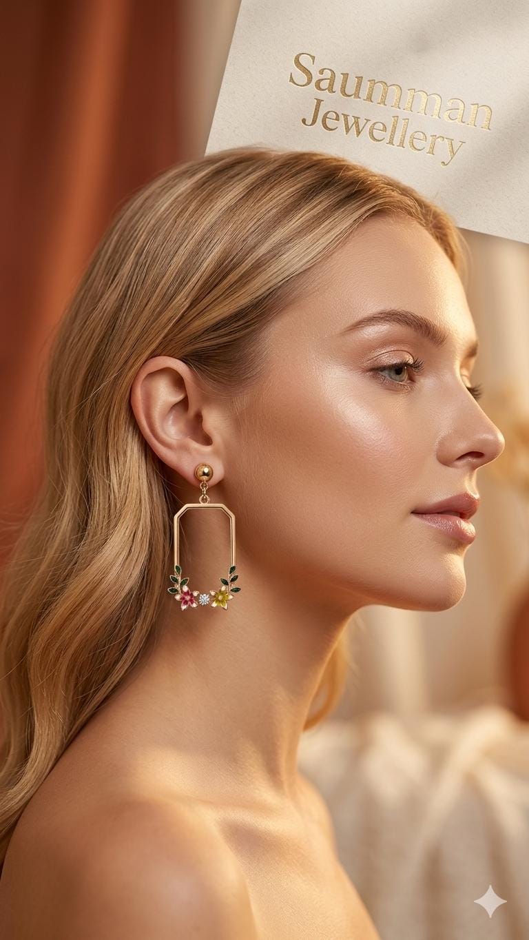 18K Gold Plated Botanical Enamel Drop Earrings, Geometric Floral Rectangle Hoops