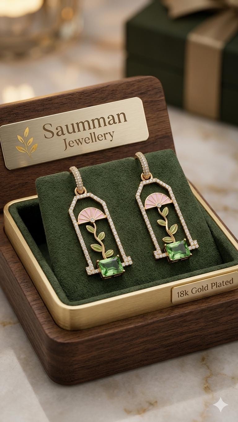 18K Gold Plated Greenhouse Dangle Earrings, Art Deco Flower Window, Peridot Green Gemstone